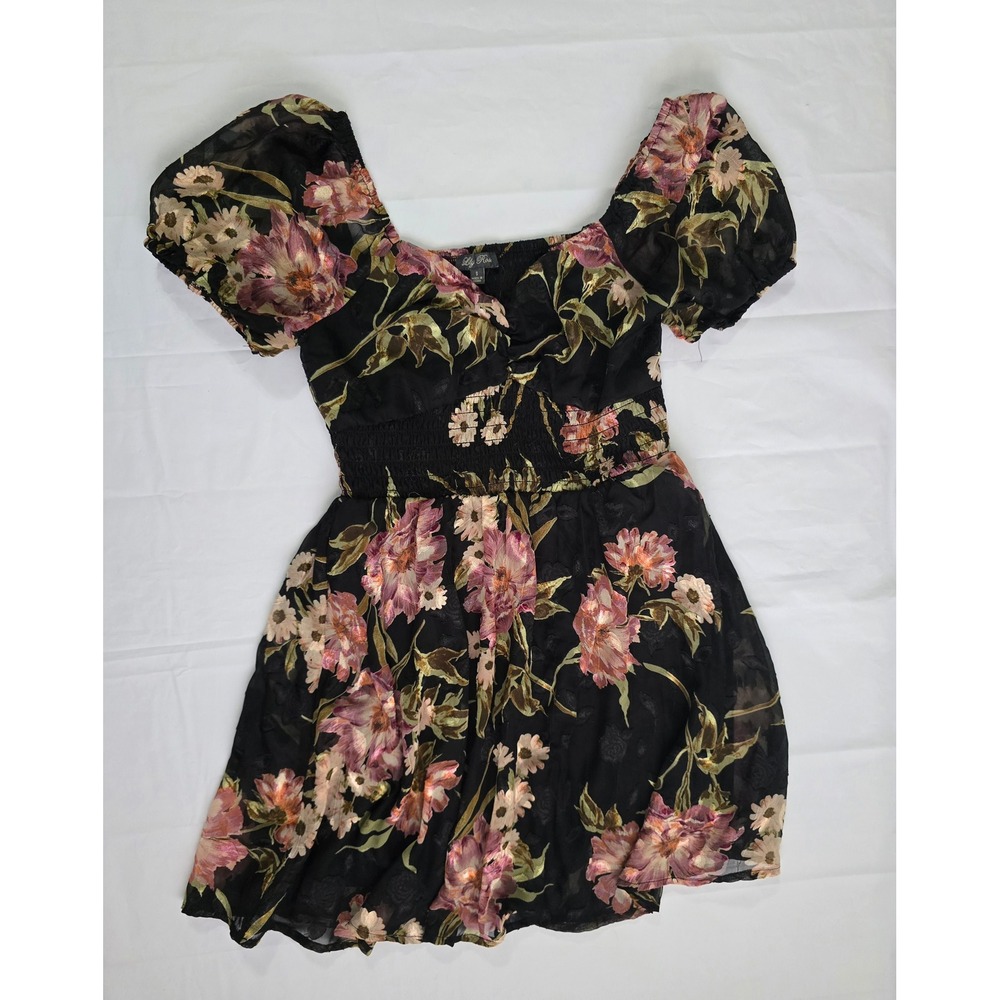 Lily Rose Floral Puff Sleeve Smocked Mini Dress Black Mauve Size Small - Picture 4 of 16